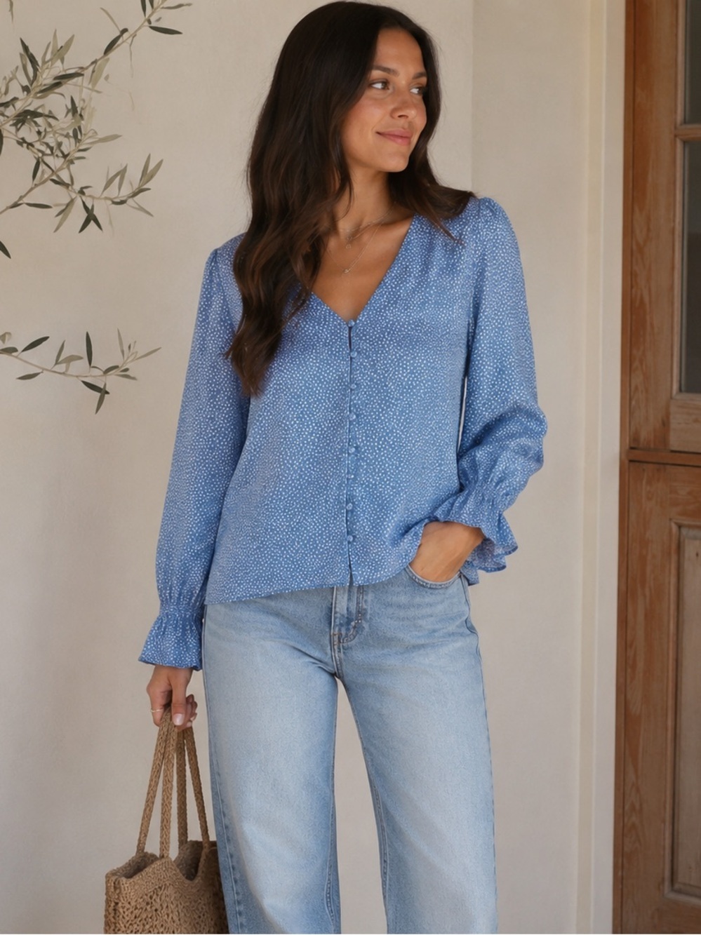 Lemon Tart Blue Polka Dot Blouse V Neck Button Front Ruffle Sleeve M